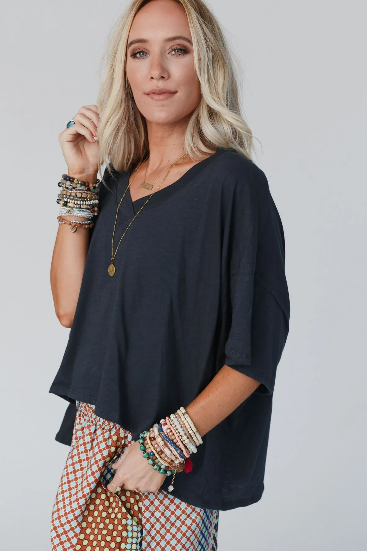 Cozy Oversized Slub V Neck Top - Navy