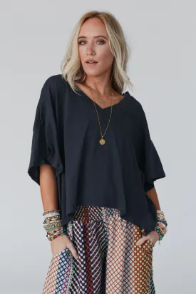 Cozy Oversized Slub V Neck Top - Navy