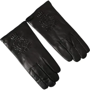 Dolce & Gabbana Black Leather Embossed Logo Short Hands Gloves