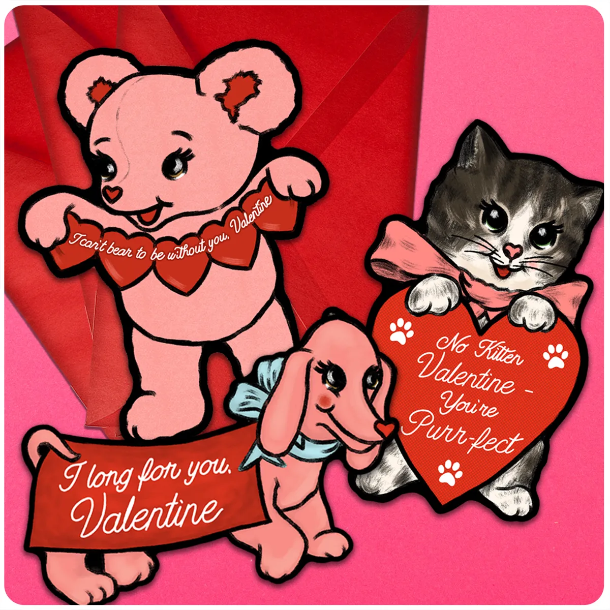 Retro Inspired Love Critters Valentine's Day Card Set of 3