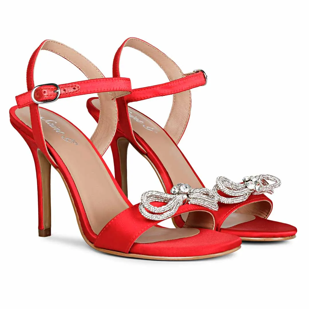 Saint Hayden Crystal Bow Red Satin-Leather Stilettos