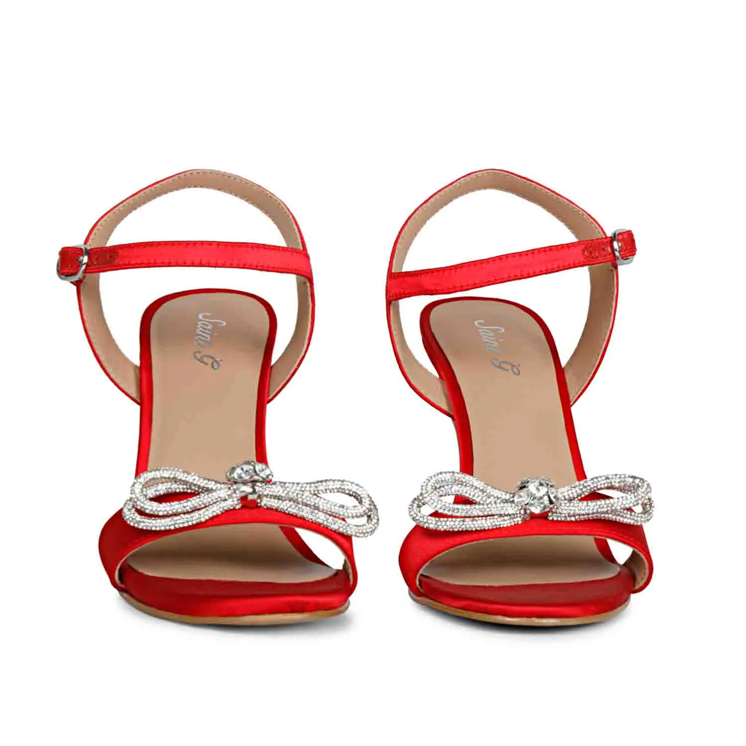 Saint Hayden Crystal Bow Red Satin-Leather Stilettos