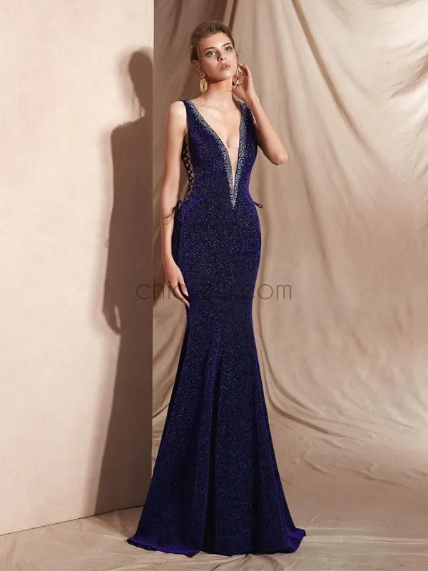 Sparkly Deep V Neck Sleeveless Mermaid Long Evening Prom Dresses, XDM1128