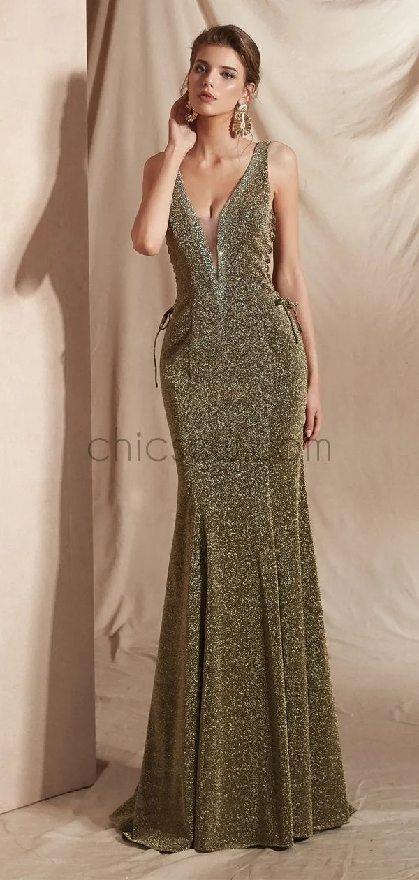 Sparkly Deep V Neck Sleeveless Mermaid Long Evening Prom Dresses, XDM1128