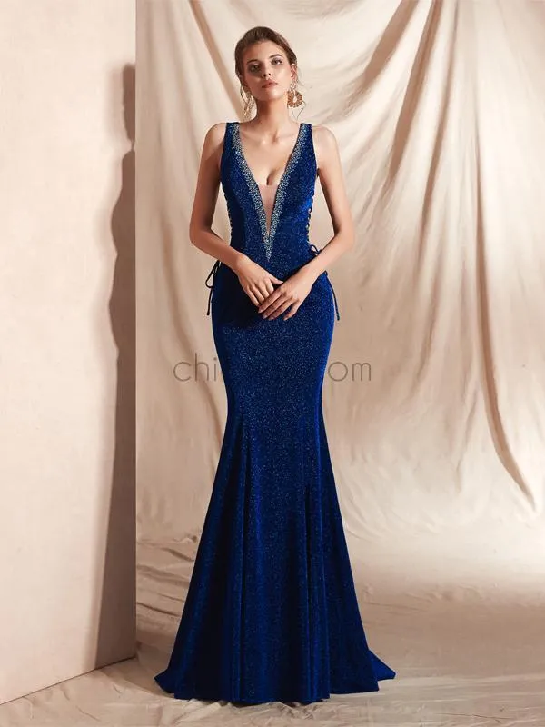 Sparkly Deep V Neck Sleeveless Mermaid Long Evening Prom Dresses, XDM1128